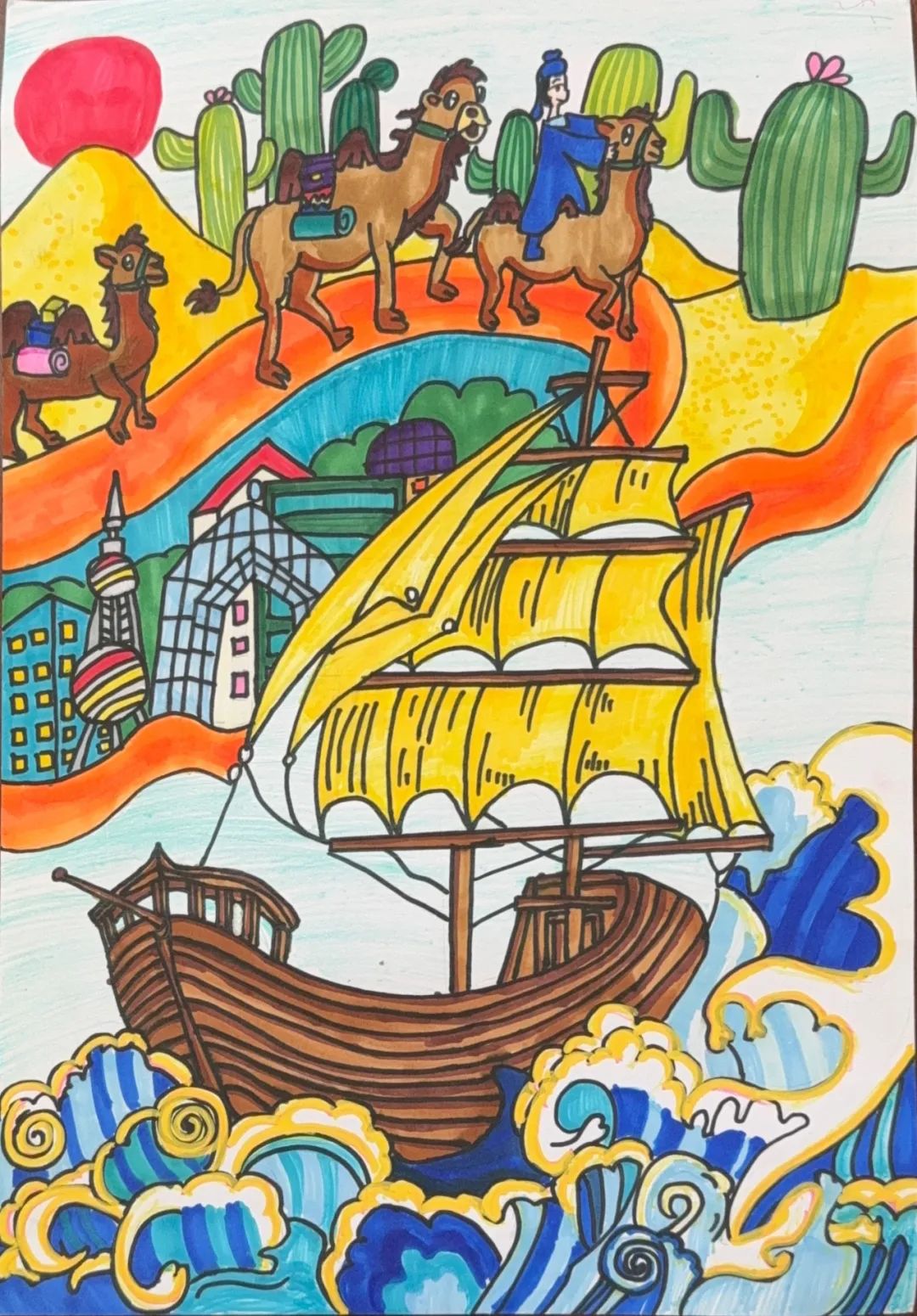 关于“一带一路 十年同行”的儿童绘画作品5张