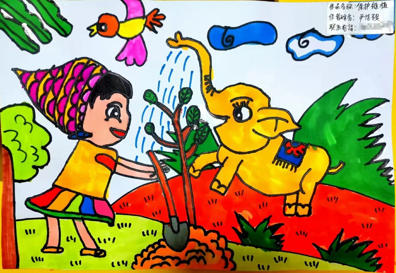 “植绿护绿 绘绿色家园”植树节图片儿童画-第8张