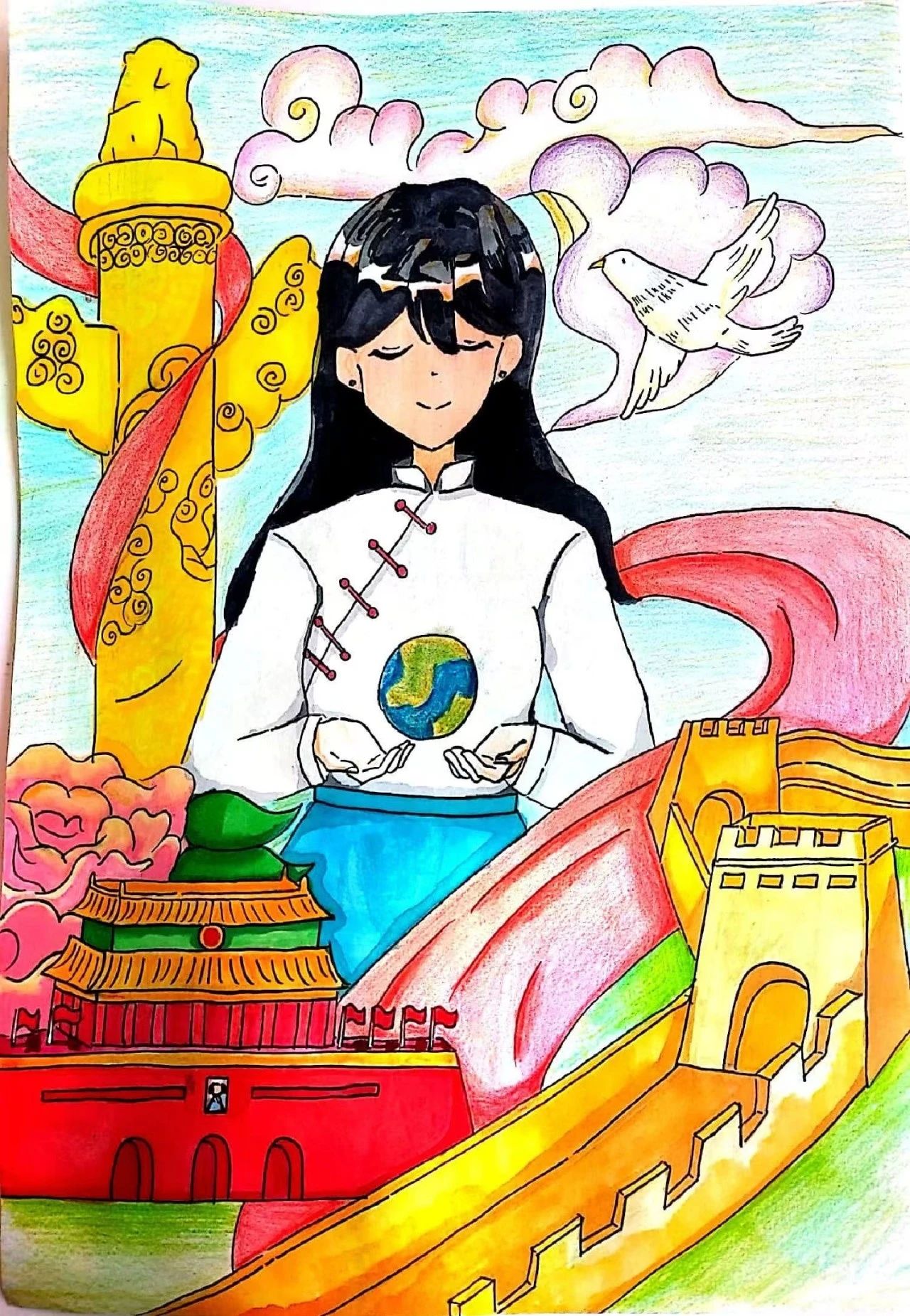 小学二年级建国75周年优秀儿童画-第6张