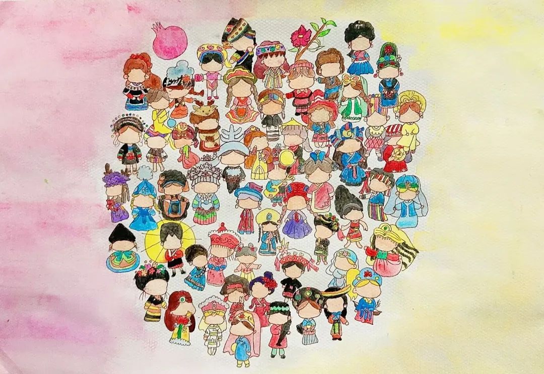 一组2024最新民族团结儿童画作品《像石榴籽一样紧紧抱在一起》