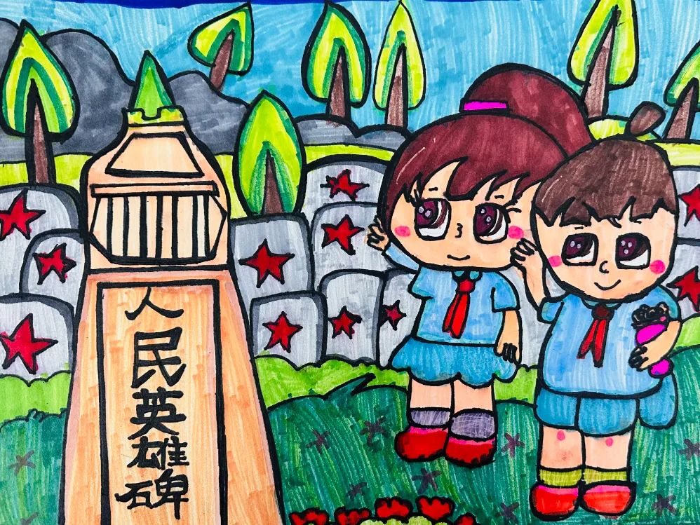 “红领巾心向党 清明缅怀先烈”儿童画-第4张