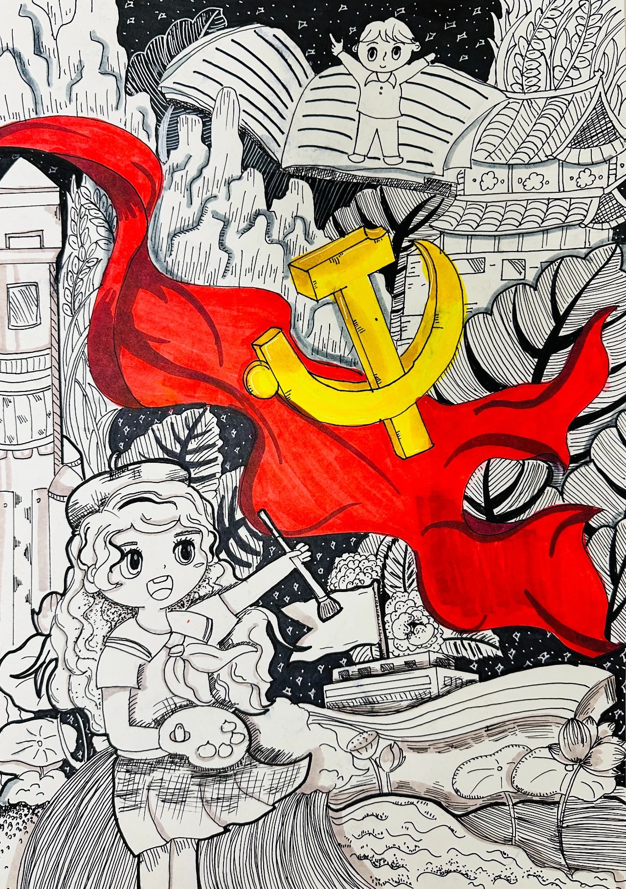 2024年国庆节绘画作品《童心向党》5张