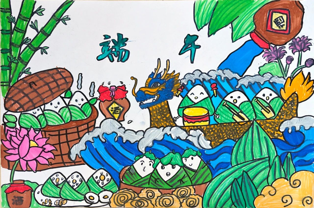 端午节赛龙舟的儿童主题绘画-第1张