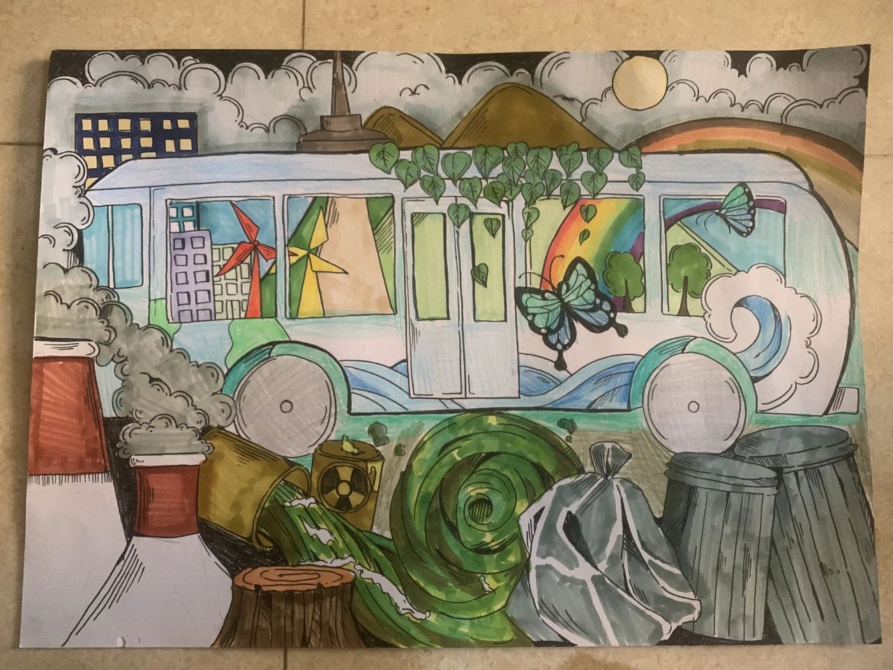 小学二年级建国75周年优秀儿童画-第5张